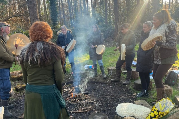a group of people in a forest